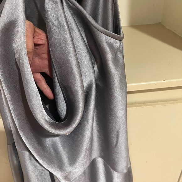 HALSTON. Silver bias cut drop neckline open back dress! Hi Lo MIDI - Picture 7 of 13